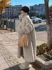 秋の冬の長いツイードジャケットの女性ゆるいスタンドカラーラムウールコート女性韓国シックウォーム模造ファーアウトウェア240122
