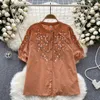 Bluzki damskie bohemijska camisa feminina o szyja haft haft puff rękawa stała kolorowa bluzka dla kobiet guzika etniczna Blusas Mujer Summer