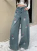 Jeans baggy feminino bordado flor calças largas perna primavera moda streetwear roupas em linha reta vintage esfregar denim 240123