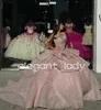 Gül pembe ışıltılı kraliçe quinceanera omuz kapalı omuz kapalı omuz corset vestidos de xv anos 2024 tatlı 15