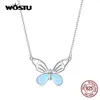 Halsband Wostu 17.9 '' 925 Sterling Silver Blue Opal Bttterfly Pendant Necklace For Women Fine Anniversary Jewets Gifts Längd Justerbar