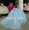 Himmelblaue glitzernde Prinzessin Quinceanera-Kleider, schulterfrei, 3D-Blumenapplikation, Korsett, Boning, Vestidos de xv anos 2024, Süßes 15