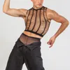 Herr t -skjortor mesh tank tops mens striptease kläder gay sexig transparenta ihåliga västar kamisol vår nya män fest mode skördetopp