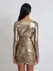 Casual Dresses Women S Fashion Short Party Gold Long Sleeve Deep V Neck Ruched Metallic Evening