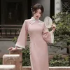 Vêtements ethniques Automne Flare Manches Broderie Tricoté Qipao Chinois Femmes Dentelle Applique Col Mandarin Cheongsam Élégante Robe Quotidienne