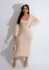 Casual Kleider Solide O-ansatz Lange Ärmel Taschen Hohe Stretch Bodycon Pullover Frauen Hand Häkeln Gestrickte Quaste Geburtstag Midi Kleid