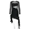 Casual Dresses Sexy Women Long Sleeve See-through Ruffles Lace Dress 2023 O-neck High Waist Lace-up Backless Irregular Party Club Black Dresse