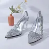 Fashion Italian Design Rhinestone Silver Pointed Toe Clear Shoes Elegant Party Wedding Bridal Ladies High Heels Sandals 240118