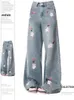 Jeans baggy feminino bordado flor calças largas perna primavera moda streetwear roupas em linha reta vintage esfregar denim 240123