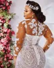 Arabic Aso Ebi Sexy Floral Mermaid Wedding Dresses Fashion Illusion Long Sleeves Bridal Dress with detachable Tail Elegant Applique Floor Length Lace-up Back Robe De