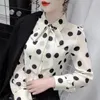 Blusas femininas polka dot print arco elegante chique doce botão até camisa primavera outono casual manga longa escritório senhoras blusa topo lj566