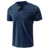 Homens camisetas Mens Moda Henley Manga Curta 2024 Verão Clássico V-Pescoço Botão T-shirt de Algodão com Bolso Estilo Simples