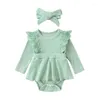 Flicka klänningar födda baby ribbad romper klänning fast färg lång ärm ruffle tutu kjol stickad bodysuit pannband set