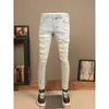 Mäns jeans ljusblå rippad modemärke borr elastisk rak smal rakning lapptvätt casual byxor