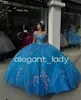 Luxury Blue Sparkly Princess Quinceanera Dresses 3D Floral Applique Off Shoulder Corset vestidos de 15 anos quinceaneras 2024