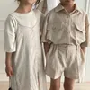 Clothing Sets 2024 Summer Solid Set Girls Thin Shirt Double Pockets T-shirt Boys Handsome Tops Cotton Loose Shorts 2pc Children Fashion Suit