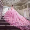 الوردي الكريستال الوردي ثوب الكرة ثوب Quinceanera الفساتين الحبيب 3D الزهور الكشكشة مشد