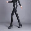 Pantalon élastique en cuir synthétique pour femme, Leggings taille haute, serré avec doublure en velours fin noir, modèle 2024