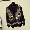 Women's Two Piece Pants Autumn Beads Embroidery Knitwear Sweater Knitting Set Female