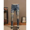 Jeans da uomo Vintage Made Old Strappato Marchio di moda Gamba dritta Slim Stretch Patch Pantaloni casual in denim di fascia alta