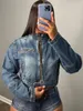 Survêtements pour femmes Echoine Stretch manches longues col montant fermeture éclair veste courte haut court short deux pièces ensemble denim jean manteau bombardier