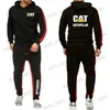 Tracksuits masculinos 2023 Primavera Outono CAT Caterpillar Impresso Cor Sólida Personalidade Esportiva Define Hoodies Com Capuz Masculino + Calça de Moletom Casual Ternos T240124