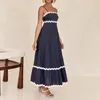 Vestidos casuais sling vestido bandeau maxi elegante feminino listrado com plissado hem espaguete cinta alta cintura sem costas noite