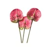 Dekorativa blommor 3 st 27 tum konstgjorda anthurium för heminredning bukett och grönt blad bröllop dekoration (rosa)