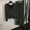 Strass com decote em v calças superiores femininas finas camisas de manga comprida casual calças largas calças moletom conjunto de 2 peças