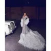 Beautifulbride 2024 Crystal Mermaid Trouwjurken Met Lange Ruche Wrap V-hals Sexy Transparante Bruidsjurken Lovertjes Bruid Jurken