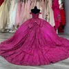 Gorgeous Rose Red Ball Gown Quinceanera Dresses Sequined Off The Shoulder Beaded Crystal Prom Gowns Sweep Train Tulle Sweet 15