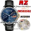 AZF AZ503502 Montres chronographes automatiques pour hommes avec calendrier annuel, réserve de marche, cadran bleu, index argentés, boîtier en acier, cuir noir