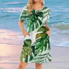 Robes décontractées 3D imprimé feuille plume manches courtes jupes swing mode élégante dames o-cou hauts simples plage robes d'été