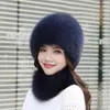 Kadınlar sıcak gerçek tilki kürk şapka +eşarp seti örme elastik kapak bere yaka şal