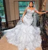 Árabe Aso Ebi Requintado Sereia Vestidos de Casamento Manga Comprida V Neck Lantejoulas 3D Apliques Diamantes Rendas Destacáveis Dobras Trem Amercia Vestidos De Noiva Vestidos De Novia