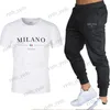 Tute da uomo 2023 Milano Lettere Stampa T-shirt Pantalone Set T-shirt a maniche corte + Pantaloni sportivi Completo in puro cotone Soft Top Pantaloni Streetwear T240124