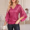 Blusas femininas manga três quartos brilhante topo lantejoulas oco blusa com decote em v macio respirável senhora comutar baile três quartos