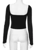 Women's T Shirts TARUXY Black Splice Bow For Women Long Sleeve Slim Backless Tank Tops Ladies Street Casual Bodycon Bandage Crop Top Femme