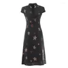 Abbigliamento etnico Abito longuette Qipao nero slim retrò stile cinese a maniche corte Cheongsam stampato estivo