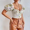 Women's T Shirts Fashion Women Crop Tops Short Puff Sleeve Floral Print Ruffle Street Casual Party Fall Spring Daily Wear Streetwear