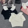 Kobiety dzianiny swobodny sweter Lapel Letter Letter krótki rękaw 4 kolorowy pullover dzianinowe topy