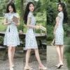 Ethnische Kleidung Sommer chinesische Frauen Abend Party Kleid moderne Cheongsam Kurzarm blaue Spitze Qipao