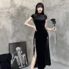 الملابس العرقية عتيقة Cheongsam Harajuku Black ضمادة صينية عالية الانقسام فيلفيت فستان 2024 Qipao القوطية carnival up