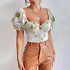 Women's T Shirts Fashion Women Crop Tops Short Puff Sleeve Floral Print Ruffle Street Casual Party Fall Spring Daily Wear Streetwear