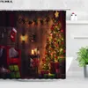 Shower Curtains Retro Oil Painting Christmas Shower Curtains Santa Claus Garland Xmas Tree Vintage Fireplace New Year Decor Bathroom Curtain Set