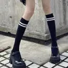 Women Socks Striped Knee High Solid Color Japanese JK Cotton Long Sock Female Black White Student Tube Leg Stockings Warm
