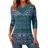 Camicette da donna T-shirt a maniche lunghe con scollo a V Camicetta pullover con scollo a V stampata retrò Top casual con decorazioni a bottoni morbide per le signore