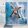 Shower Curtains Funny Shower Curtain Cute Sea Cat Riding Shark Whale Cartoon Animal Creativity Kids Bathroom Decor Polyester Fabric Cloth Hooks