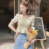 Women's Blouses Shirt Blouse Lace Stitching Square Neck Floral Print Puff Short Sleeve Sweet Slim Tops Casual Spring Summer Streetwear