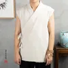 メンズタンクトップTシャツの男性ハンフ古代スタイルコットンリネンベストノースリーブ中国の若者ソリッドカラーレトロドローストリングデザインVネックトップ